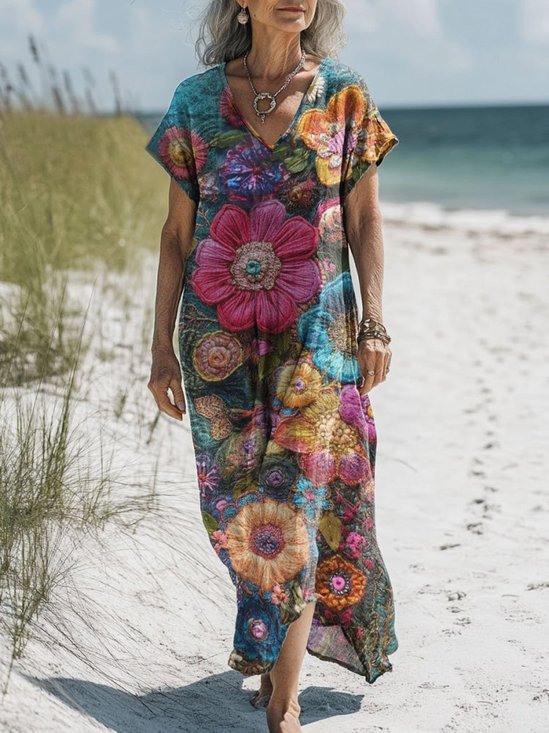 Damen Geblümt V-Ausschnitt Kurzarm Bequem Lässig Maxikleid