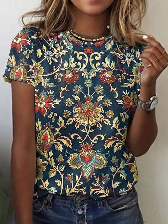 Lässig Geblümt Rundhals Kurzarm T-Shirt