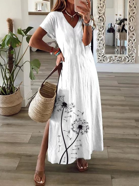Damen Geblümt Sommer Print Kleid V-Ausschnitt Kurzarm T-Shirt-Kleid X-Linie Kleid