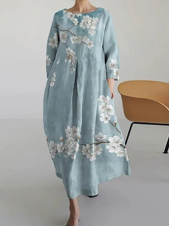 Damen Geblümt Rundhals Halbarm Bequem Lässig Maxikleid