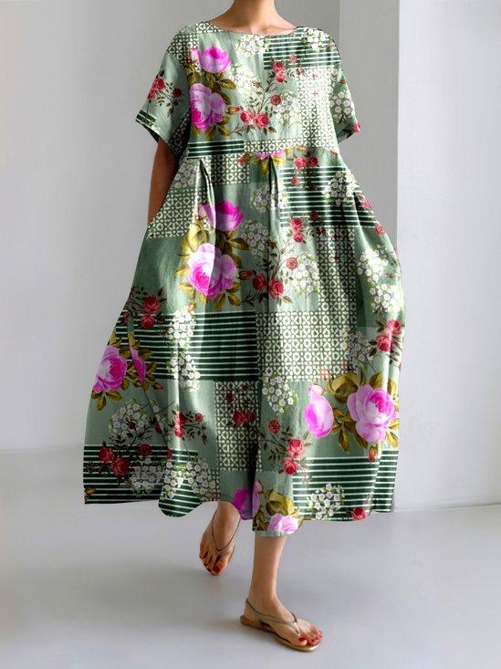 Damen Geblümt Rundhals Kurzarm Bequem Lässig Maxikleid