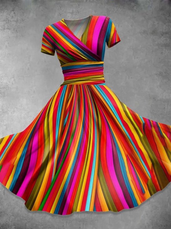 Damen Gestreift V-Ausschnitt Kurzarm Bequem Retro Maxikleid