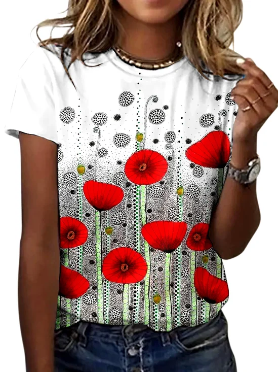 Lässig Geblümt Rundhals Kurzarm T-Shirt