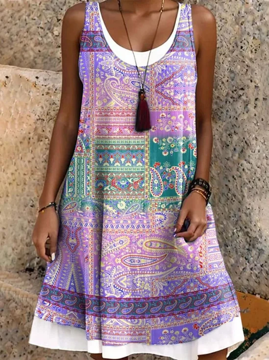 Damen Paisley Rundhals Ärmellos Bequem Lässig Midikleid