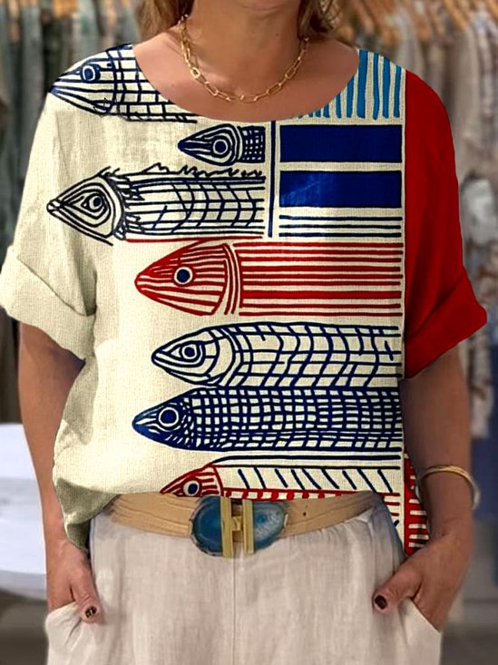 Lässig Geometrisch Rundhals Kurzarm T-Shirt