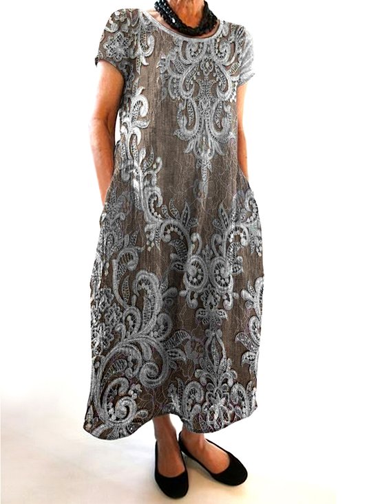 Damen Geblümt Rundhals Kurzarm Bequem Lässig Maxikleid