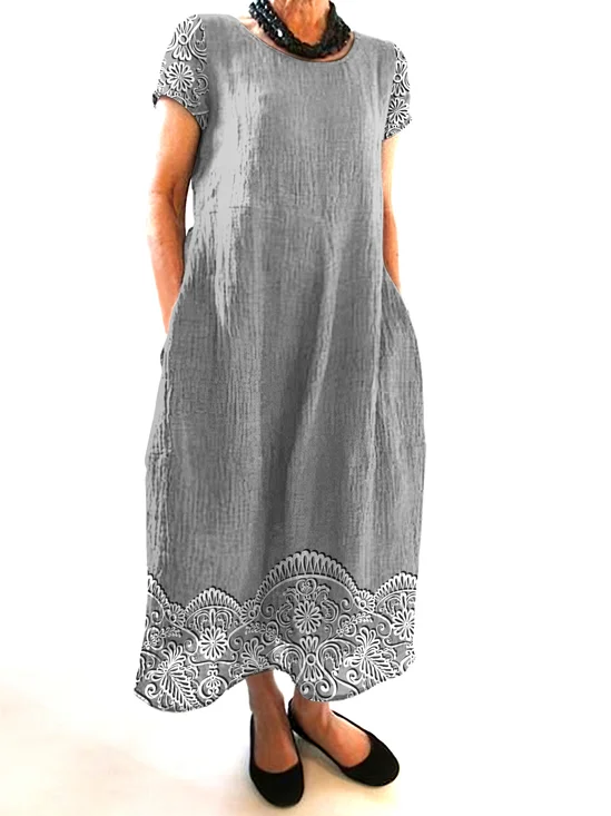 Damen Geblümt Rundhals Kurzarm Bequem Lässig Maxikleid
