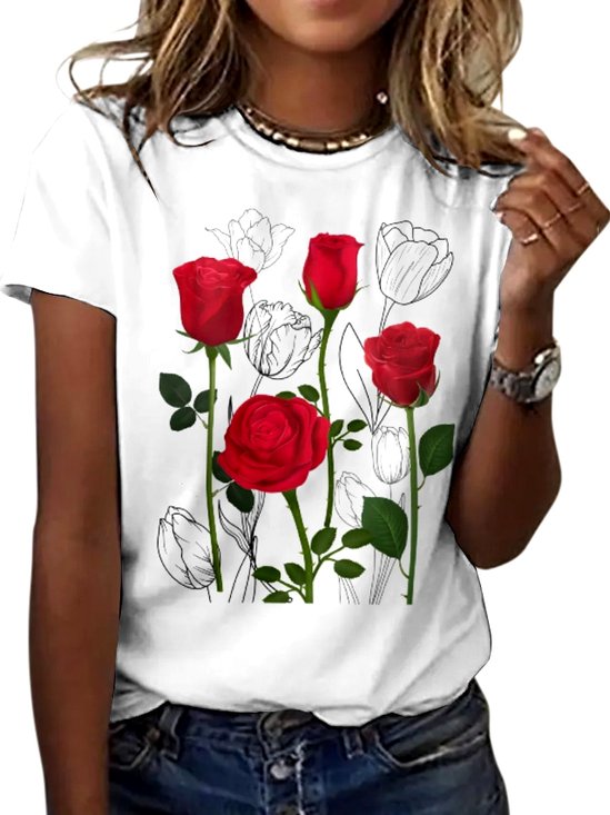 Lässig Geblümt Rundhals Kurzarm T-Shirt