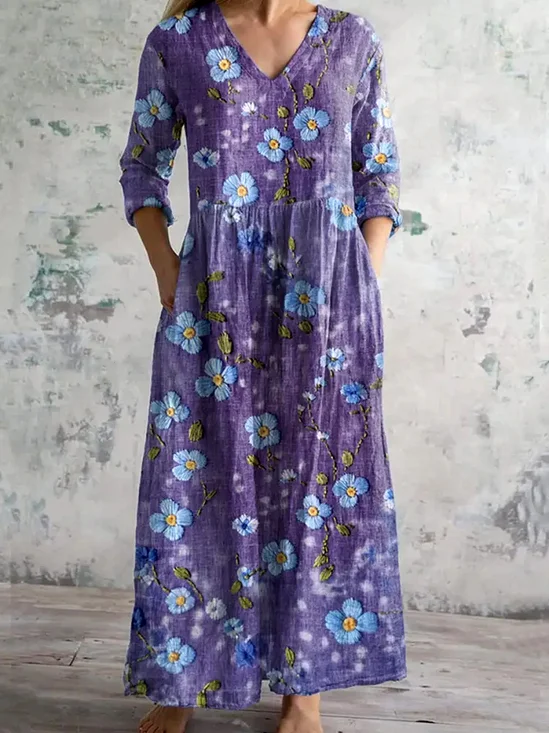 Damen Geblümt Rundhals Langarm Bequem Lässig Maxikleid