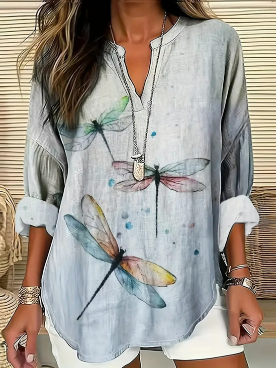 Schalkragen Halbarm Libelle Regelmäßig Weit Bluse für Damen