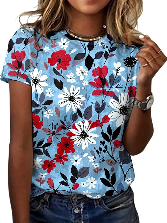 Lässig Geblümt Rundhals Kurzarm T-Shirt