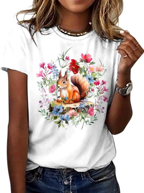 Lässig Geblümt Rundhals Kurzarm T-Shirt
