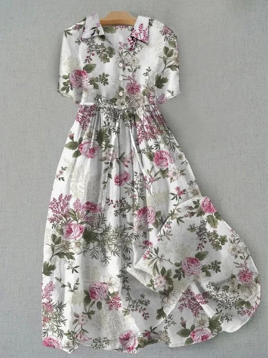 Damen Geblümt Hemdkragen Kurzarm Bequem Retro Maxikleid