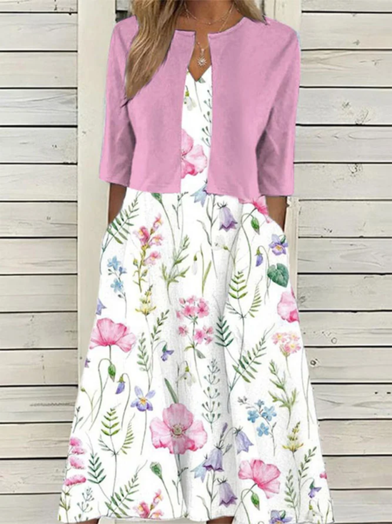 Damen Geblümt V-Ausschnitt Kurzarm Bequem Freizeitkleid Mit Mantel Zweiteiliges Set