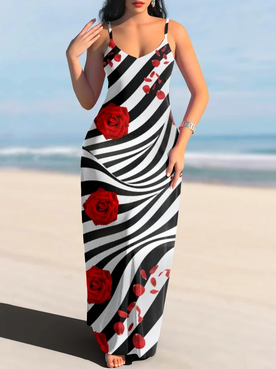 Damen Geometrisch Spaghettiträger Ärmellos Bequem Lässig Maxikleid