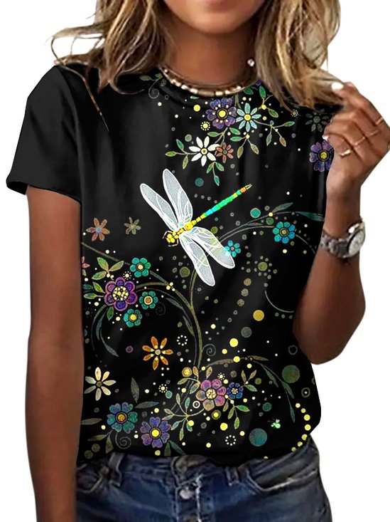Lässig Geblümt Rundhals Kurzarm T-Shirt