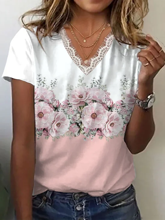 Lässig Geblümt V-Ausschnitt Kurzarm T-Shirt