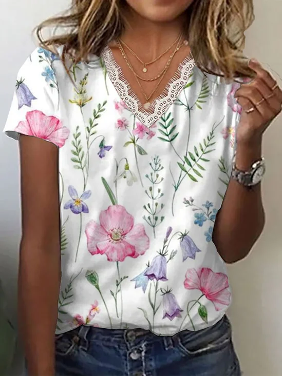 Lässig Geblümt V-Ausschnitt Kurzarm T-Shirt
