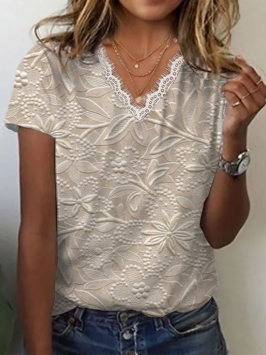 Lässig Geblümt V-Ausschnitt Kurzarm T-Shirt