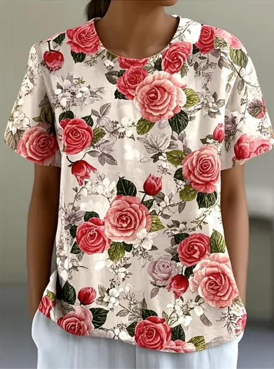 Lässig Geblümt Rundhals Kurzarm T-Shirt