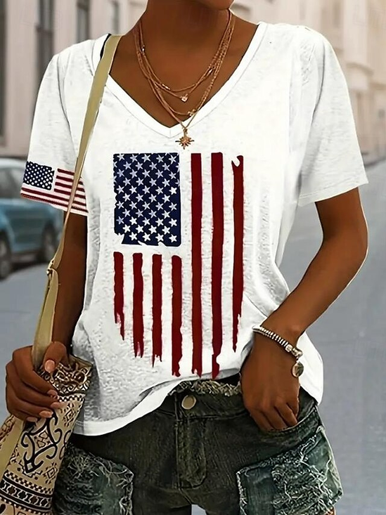 Lässig Amerika-Flagge V-Ausschnitt Kurzarm T-Shirt