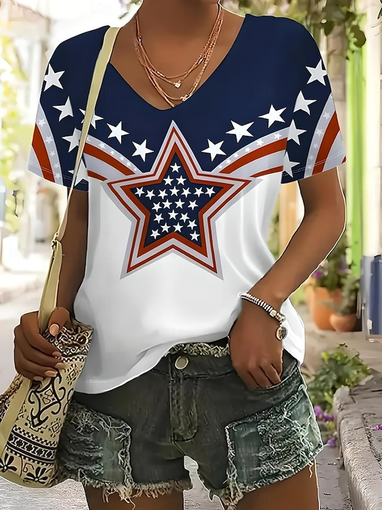 Lässig Amerika-Flagge V-Ausschnitt Kurzarm T-Shirt