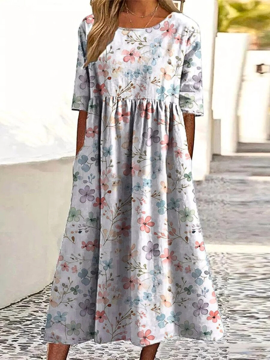 Damen Geblümt Rundhals Kurzarm Bequem Lässig Maxikleid