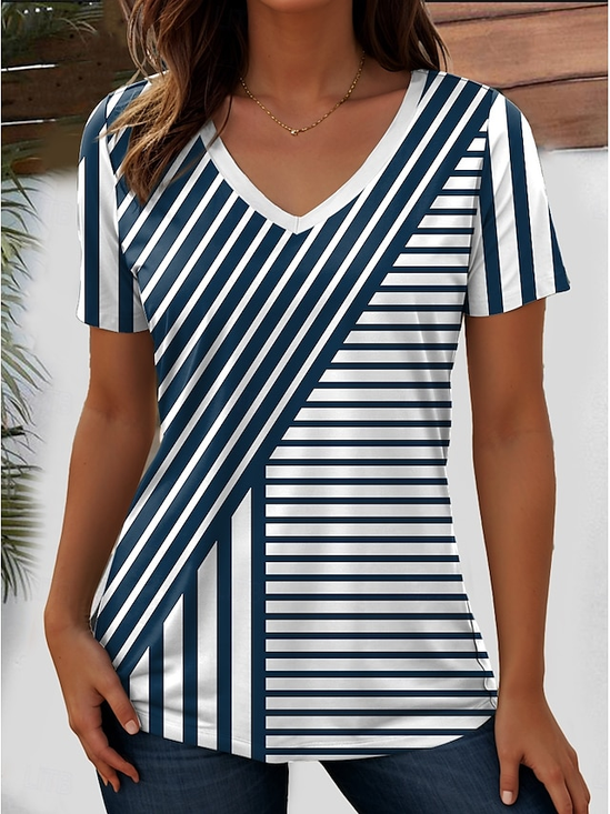 Lässig Gestreift V-Ausschnitt Kurzarm T-Shirt