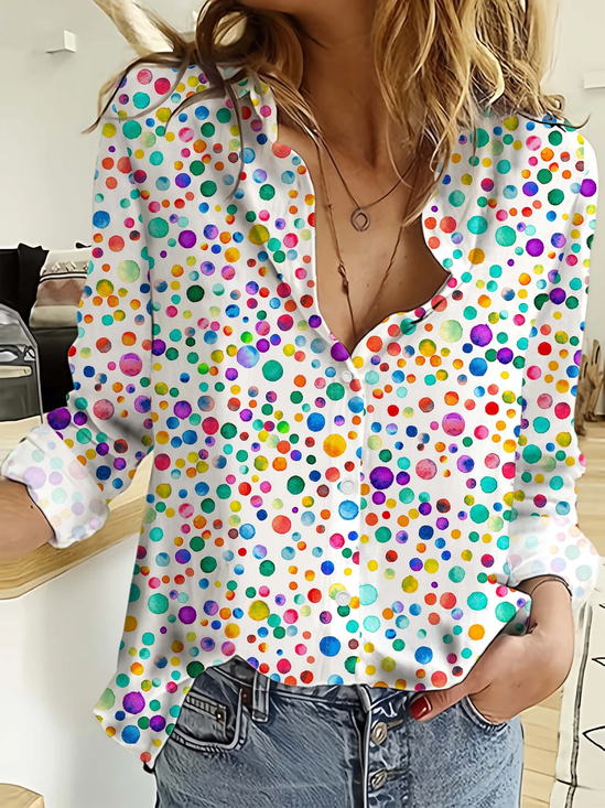 Hemdkragen Langarm Polka Dots Regelmäßig Mikroelastizität Regelmäßige Passform Bluse für Damen