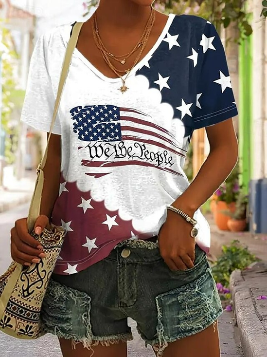 Lässig Amerika-Flagge V-Ausschnitt Kurzarm T-Shirt