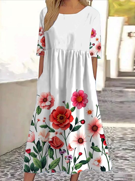 Damen Geblümt Rundhals Kurzarm Bequem Lässig Maxikleid