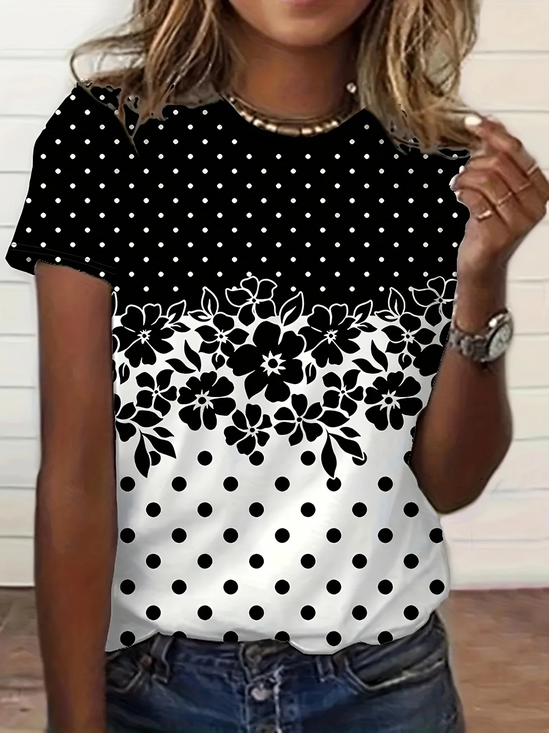 Lässig Geblümt Rundhals Kurzarm T-Shirt