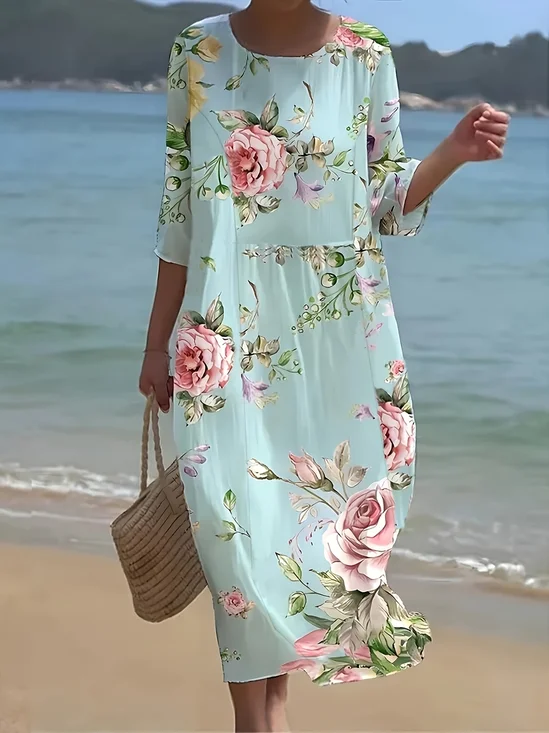 Damen Geblümt Sommer Print Kleid Rundhals Halbarm H-Linie Kleid