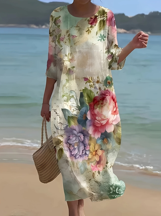 Damen Geblümt Sommer Print Kleid Rundhals Halbarm H-Linie Kleid
