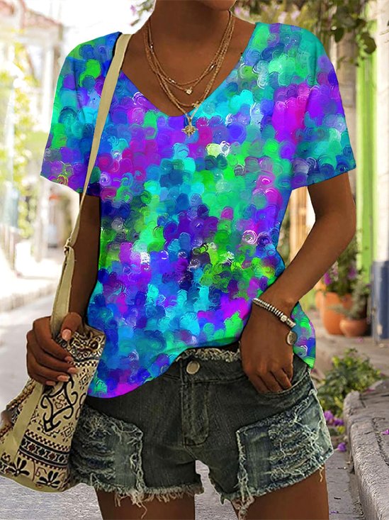 Lässig Geblümt V-Ausschnitt Kurzarm T-Shirt