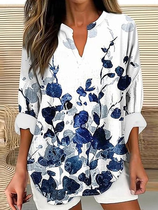 V-Ausschnitt Langarm Geblümt Print Regelmäßig Weit Bluse für Damen