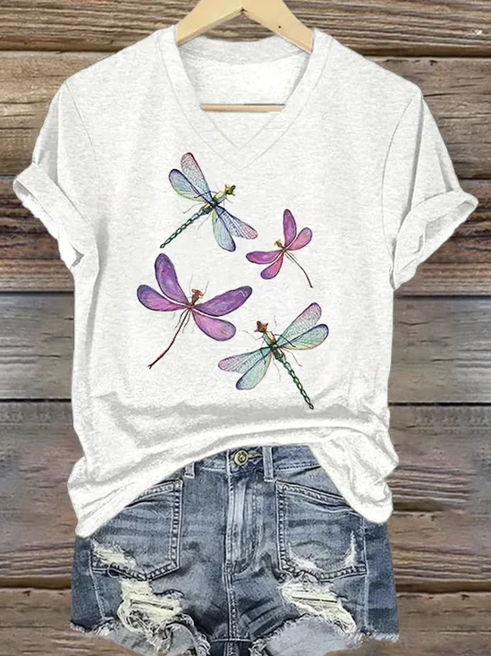 Lässig Geblümt V-Ausschnitt Kurzarm T-Shirt