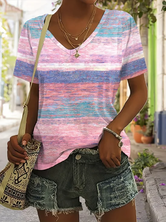 Lässig Gestreift V-Ausschnitt Kurzarm T-Shirt