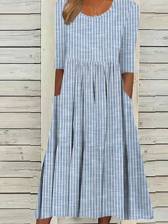 Damen Gestreift Rundhals Kurzarm Bequem Lässig Print Maxikleid