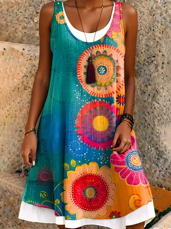Damen Geblümt Rundhals Ärmellos Bequem Lässig Midikleid