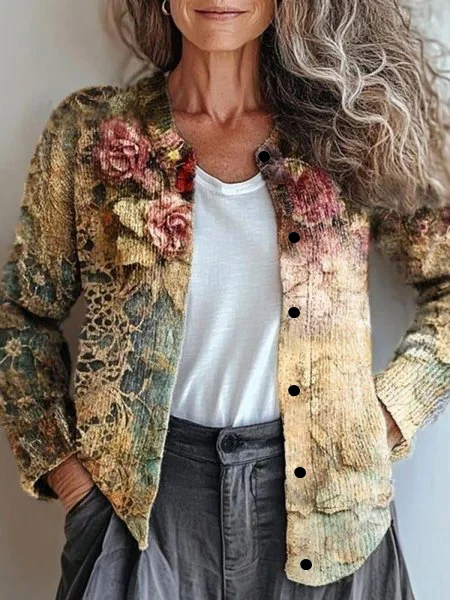 Damen Gestrickt Verlaufsmuster Langarm Bequem Retro Strickjacke