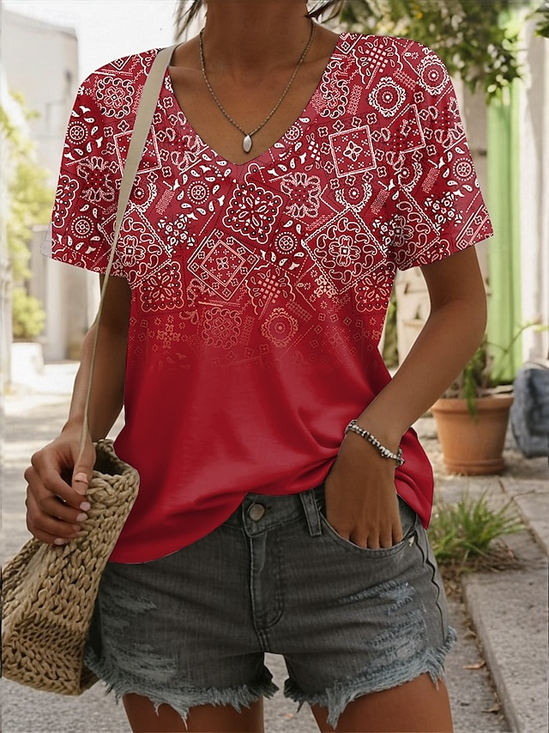 Lässig Ethnisch Geometrie V-Ausschnitt Kurzarm T-Shirt