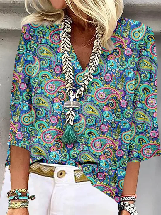 Schalkragen Halbarm Paisley Regelmäßig Weit Bluse für Damen