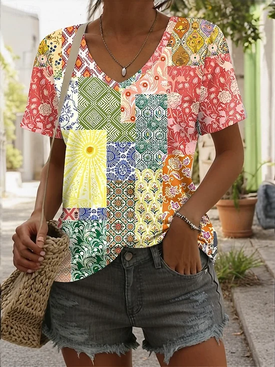Lässig Ethnisch Geometrie V-Ausschnitt Kurzarm T-Shirt