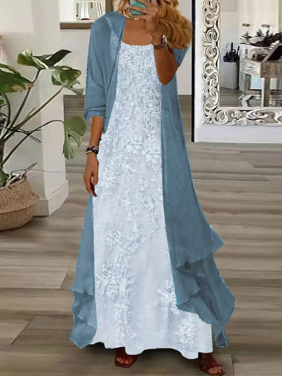 Damen Geblümt Rundhals Dreiviertelärmel Bequem Lässig Print Kleid mit Mantel Zweiteiliges Set