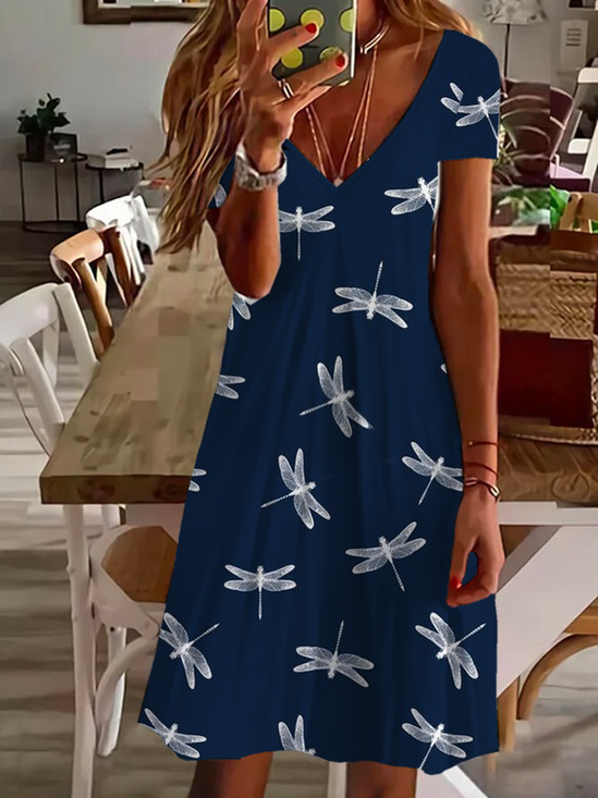 Damen Libelle Sommer Print Kleid V-Ausschnitt Kurzarm Passen & Flare Kleid A-Linien-Kleid