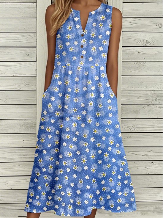Damen Geblümt Sommer Schnalle Kleid Gekerbt Ärmellos Tanktop A-Linien-Kleid