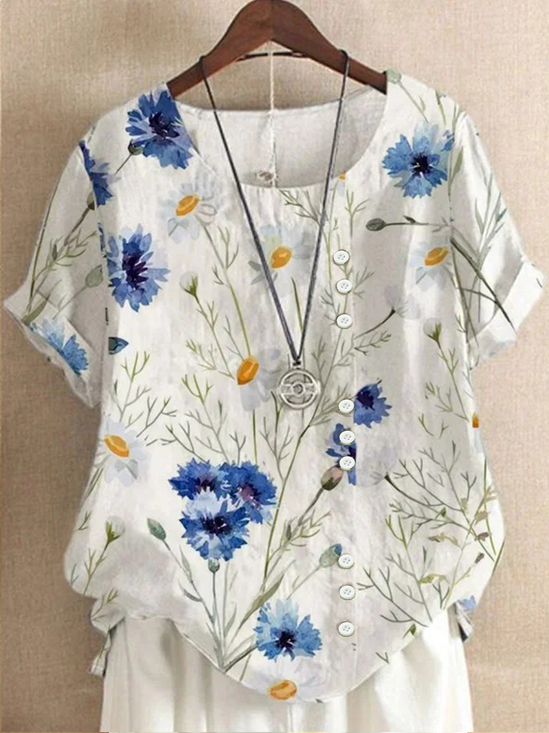 Rundhals Halbarm Geblümt Regelmäßig Regelmäßige Passform Bluse für Damen