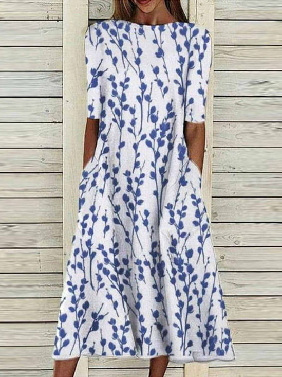 Damen Geblümt Rundhals Halbarm Bequem Lässig Print Maxikleid