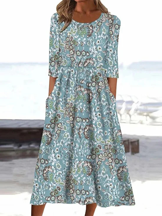 Damen Geblümt Rundhals Halbarm Bequem Lässig Print Maxikleid